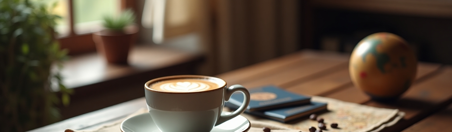 Espresso Escape coffee cup on a warm café table