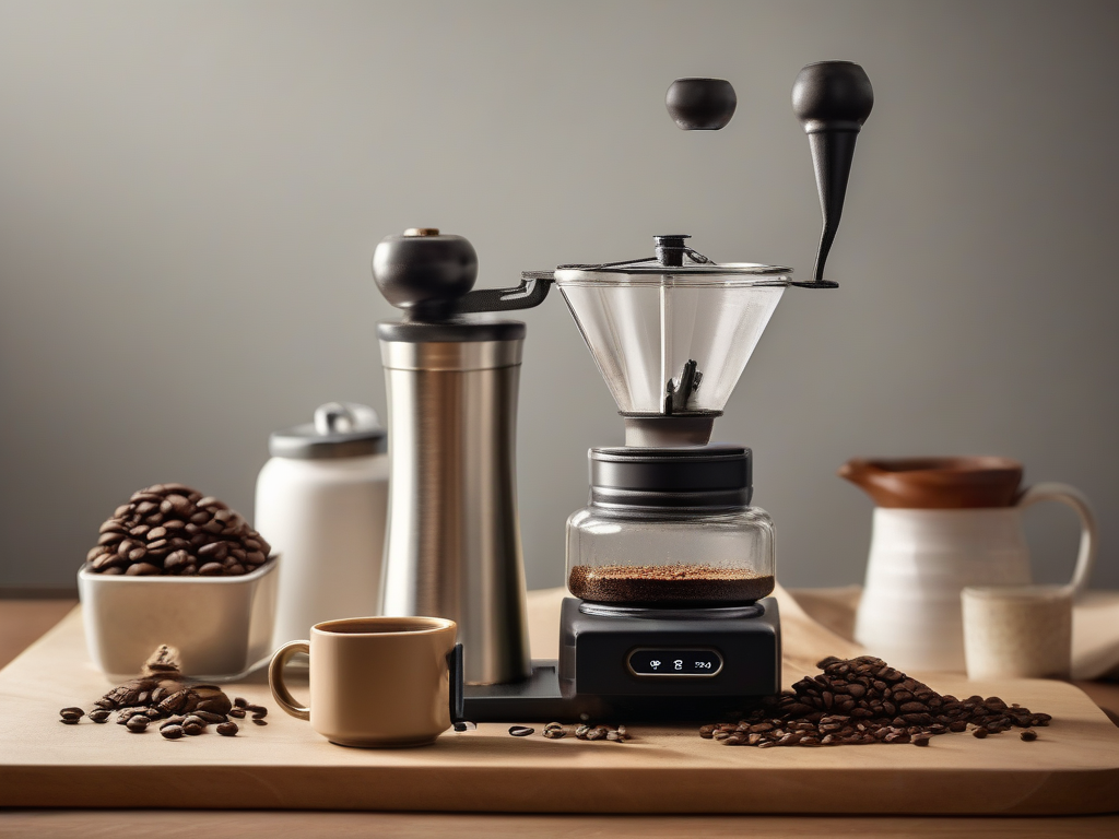 Coffee grinder, scale, kettle, and filters on a kitchen counter
