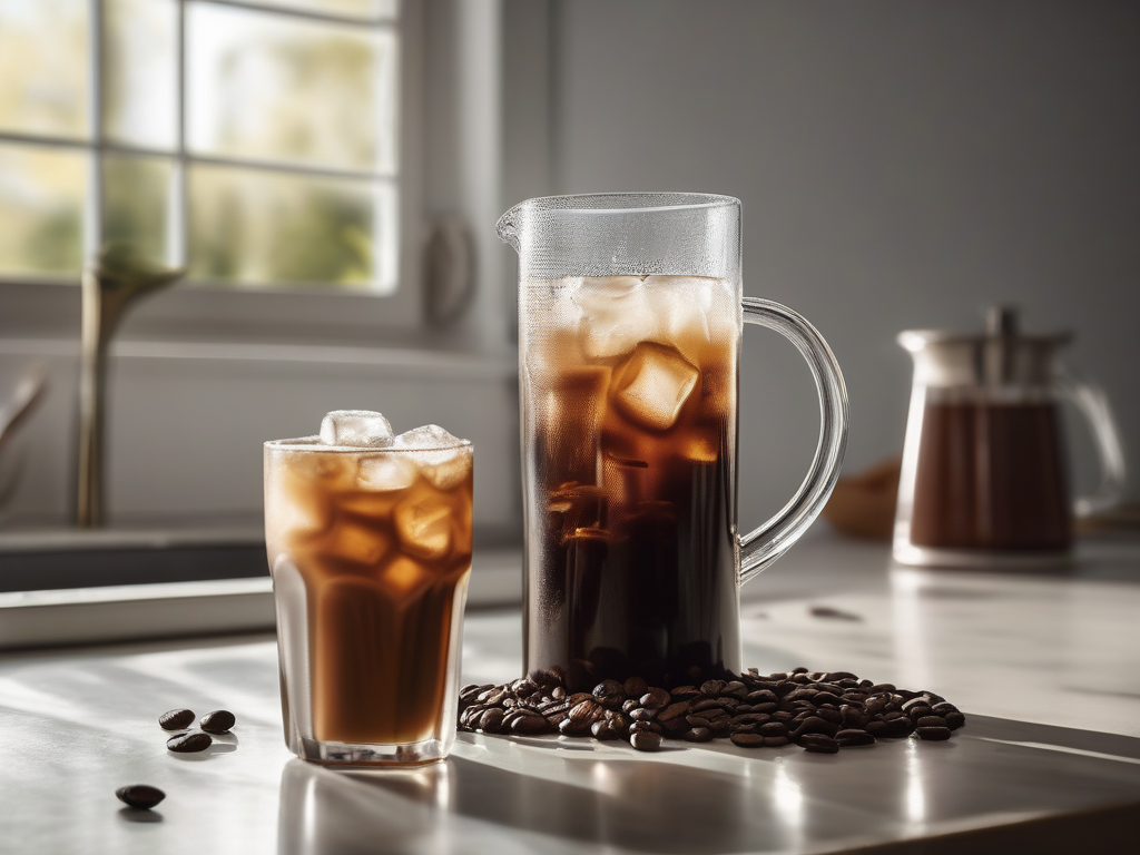 Cold brew pitcher and iced coffee glass with condensation