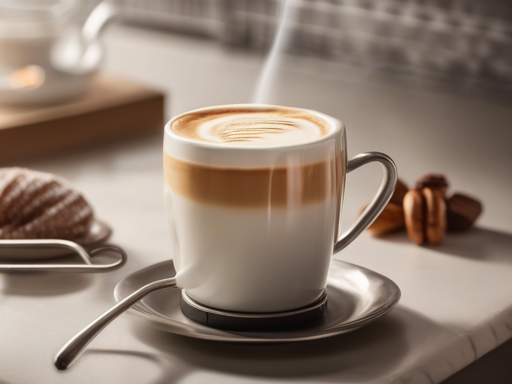 Electric milk frother beside a creamy cappuccino