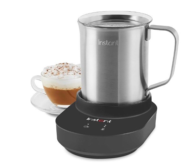 Instant MagicFroth stainless steel electric milk frother and steamer beside a latte