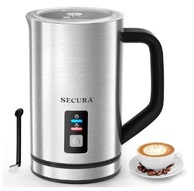 Secura stainless steel automatic milk frother and warmer beside a latte